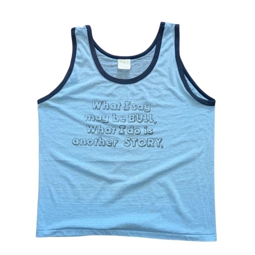 Vintage 70s Baby Blue Funny Slogan Joke Novelty Quote Graphic Ringer Tank Top